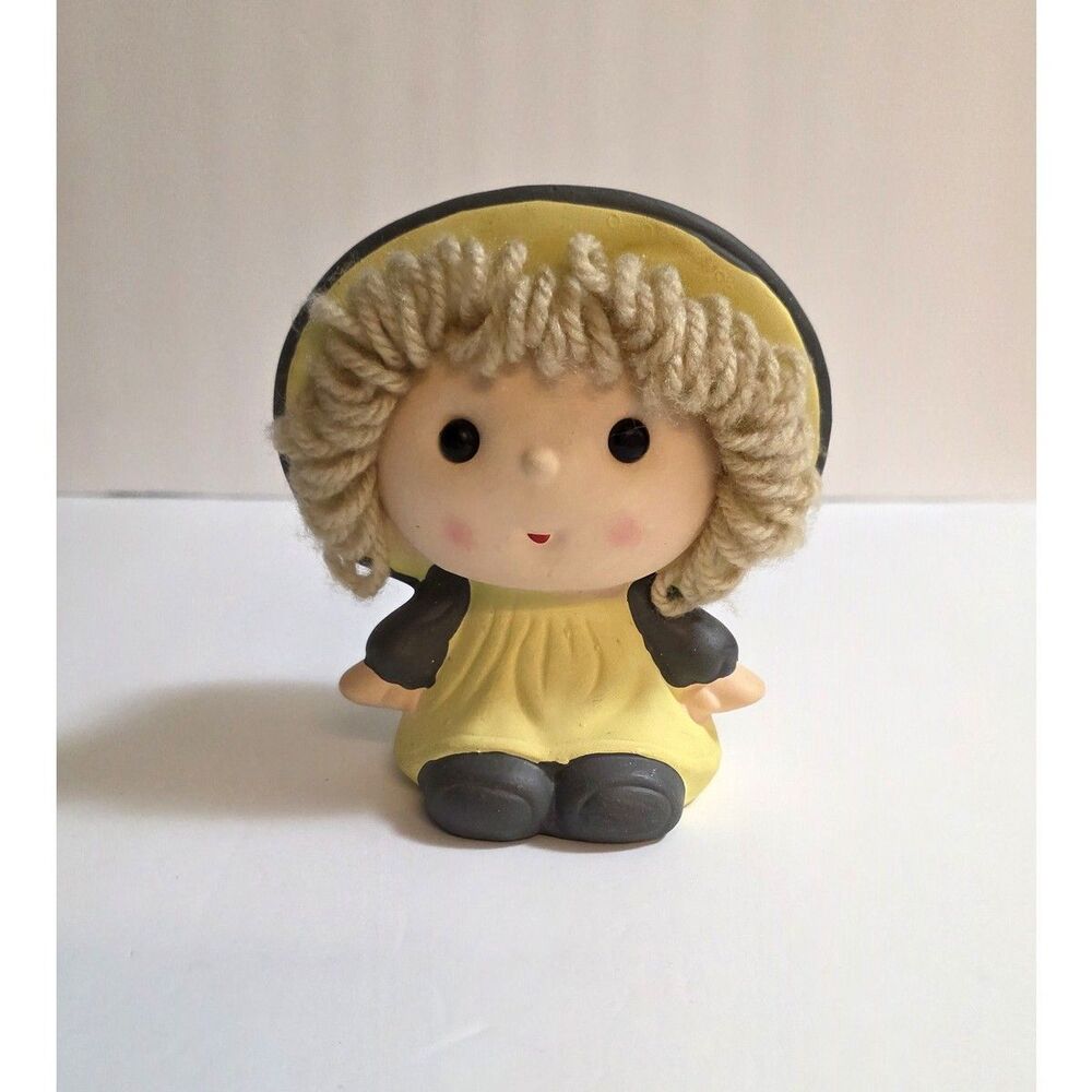 Vintage Ucago ceramic bank 60s70s unglazed girl w/ bonnet and yarn hair + plug